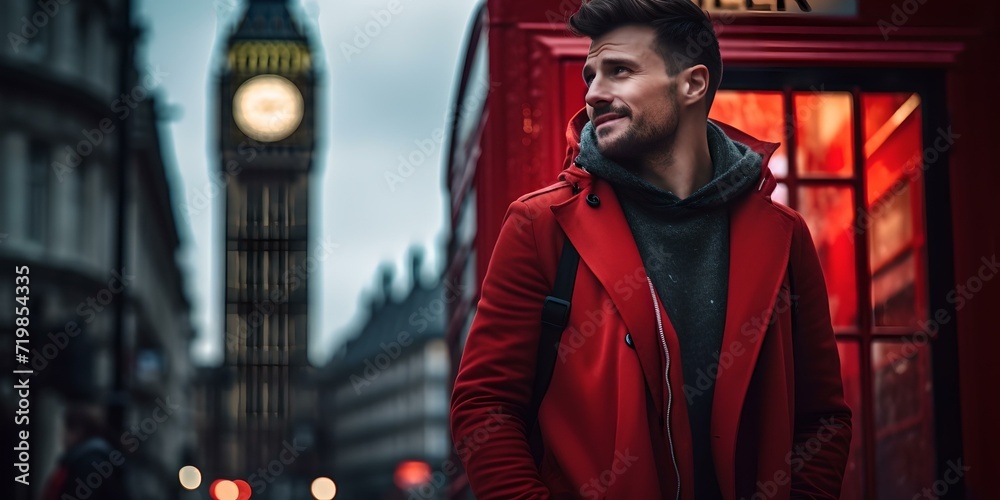 Fototapeta premium Stylish man in red jacket near a british phone booth and big ben. evening in london ambiance. AI