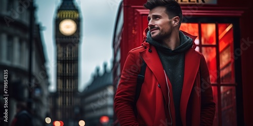 Stylish man in red jacket near a british phone booth and big ben. evening in london ambiance. AI
