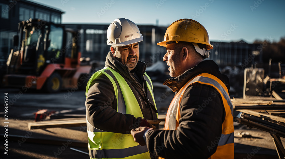 two engineers at a construction site showcases the engineers in discussion two engineers at a construction site showcases the engineers in discussion