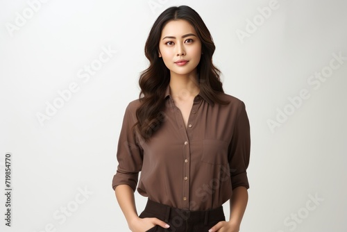 Beautiful young asian woman in brown shirt. Charming female lady standing pose 