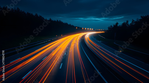 Night long exposure photo of a highway. A long exposure photo of a highway at night. Generative AI © Jaunali