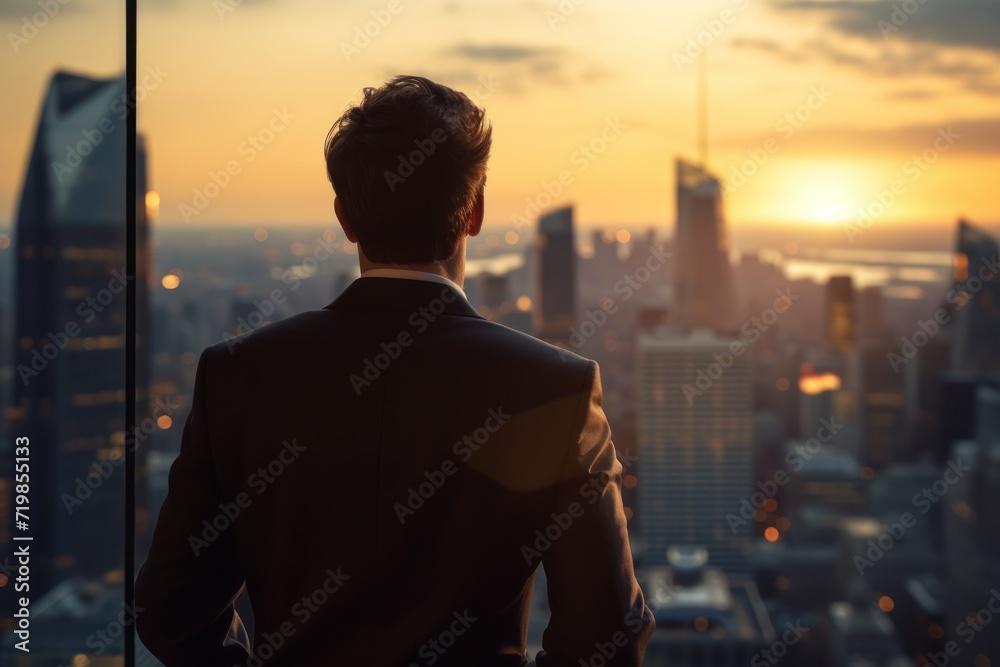 Businessman looking at the big city,behind a young businessman with city during sunset, Businessman looking at the big city,behind a young businessman with city during sunset,