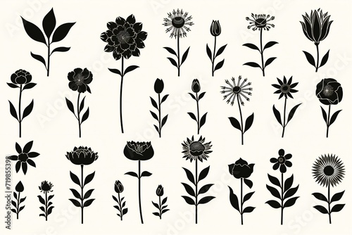 Set of black silhouettes of flowers and plants