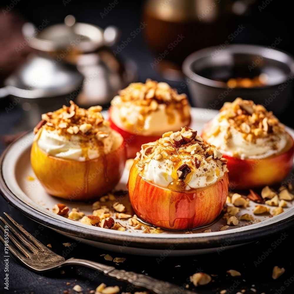 Baked apples filled with homemade cream cheese and chopped nuts,close-up, space for text Baked apples filled with homemade cream cheese and chopped nuts,close-up, space for text