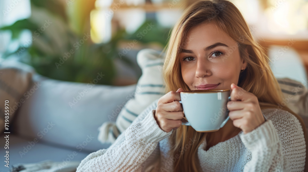 Relax, calm, woman drinking coffee in the living room on a sofa in her modern house Relax, calm, woman drinking coffee in the living room on a sofa in her modern house