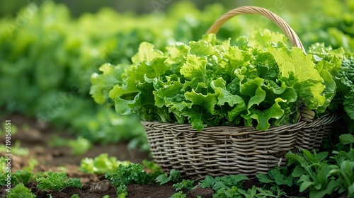 Close shot of a basket of lettuce kept in a field with a big copy space, harvesting organic vegetable in field concept, Generative AI.