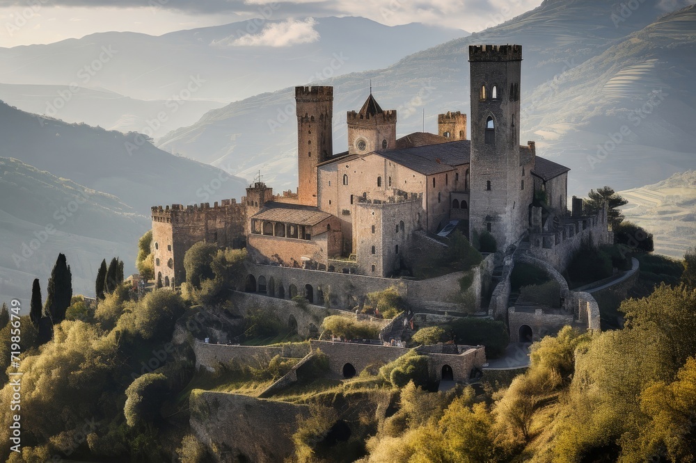 a grim, 13th-century medieval abbey in Italy, standing on a tall hilltop