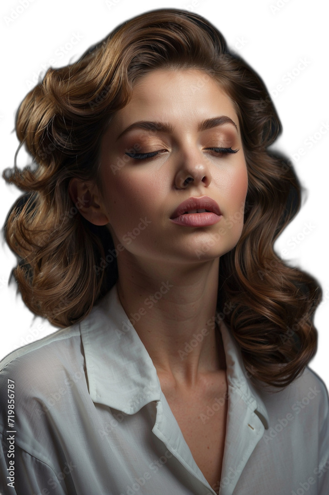 Portrait of a beautiful woman with brown curly blonde hair closing her eyes wearing a white shirt posing for the camera transparent background PNG Portrait of a beautiful woman with brown curly blonde hair closing her eyes wearing a white shirt posing for the camera transparent background PNG