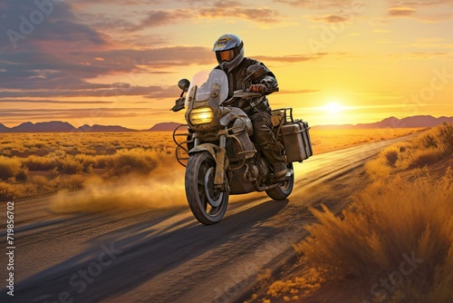 Motorcyclist in the desert at sunset © Soul