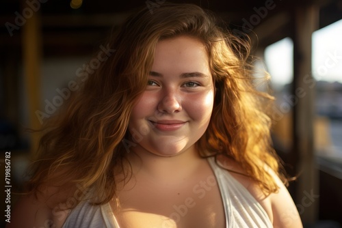  Chubby woman, 20 years old, smiling 