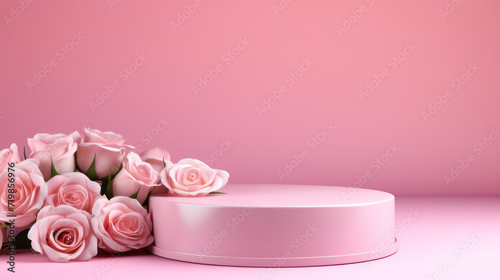 Blank podium with pink roses on pink background. Showcase for product, perfume, jewelry and cosmetic presentation Blank podium with pink roses on pink background. Showcase for product, perfume, jewelry and cosmetic presentation