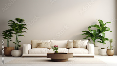 Interior of minimalist living room with green houseplants and sofas © wiparat