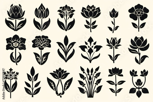 Set of black silhouettes of flowers and leaves