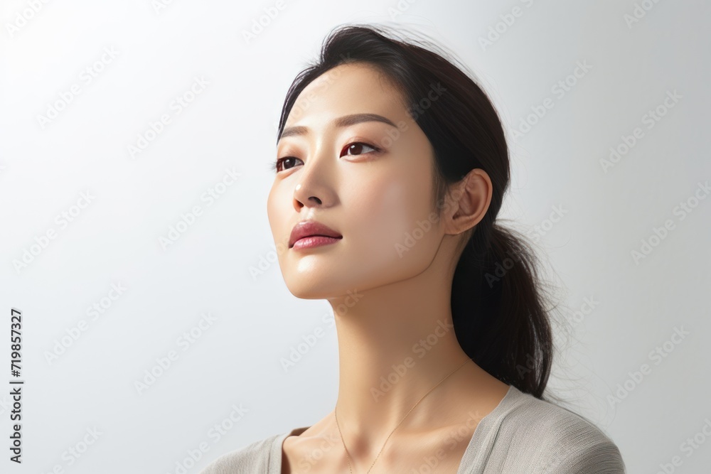 Close up portrait of asian woman thinking, looking aside Close up portrait of asian woman thinking, looking aside