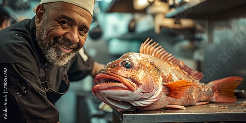 Cheerful chef showing a large fish in a kitchen. fresh seafood preparation. friendly, professional cook at work. culinary delights. AI © Irina Ukrainets