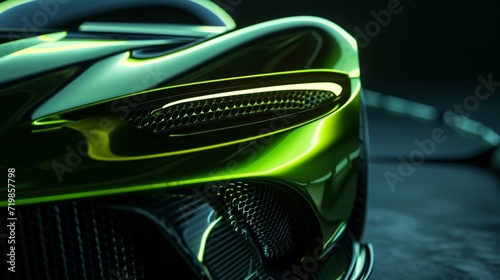 The grill of a sports car comes alive in a closeup shot neon green lights illuminating the sleek and aerodynamic contours.