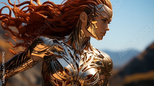 red-haired superhero in futuristic delicate golden armor