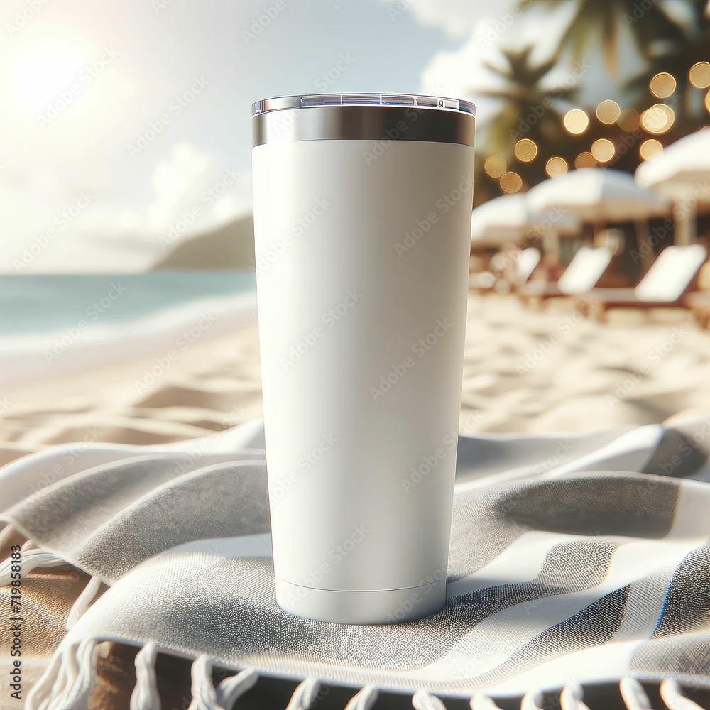Sunny Beach Tumbler Mockup on Towel - Vacation Vibes