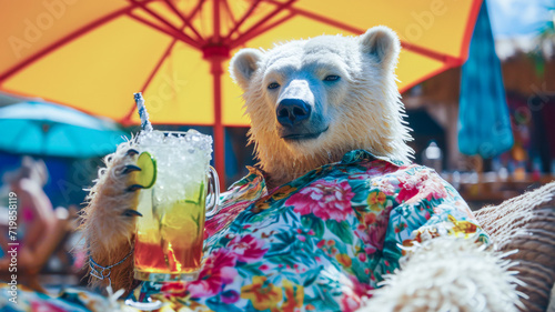A Polar Bear in human clothes lies on a sunbathe on the beach, on a sun lounger, under a bright sun umbrella, drinks a mojito with ice from a glass glass with a straw, smiles, summer tones, bright ric photo