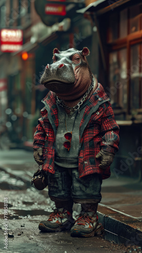 Fashionable hippopotamus graces city streets in tailored elegance  epitomizing street style. The realistic urban backdrop frames this large mammal  seamlessly merging aquatic allure with contemporary 