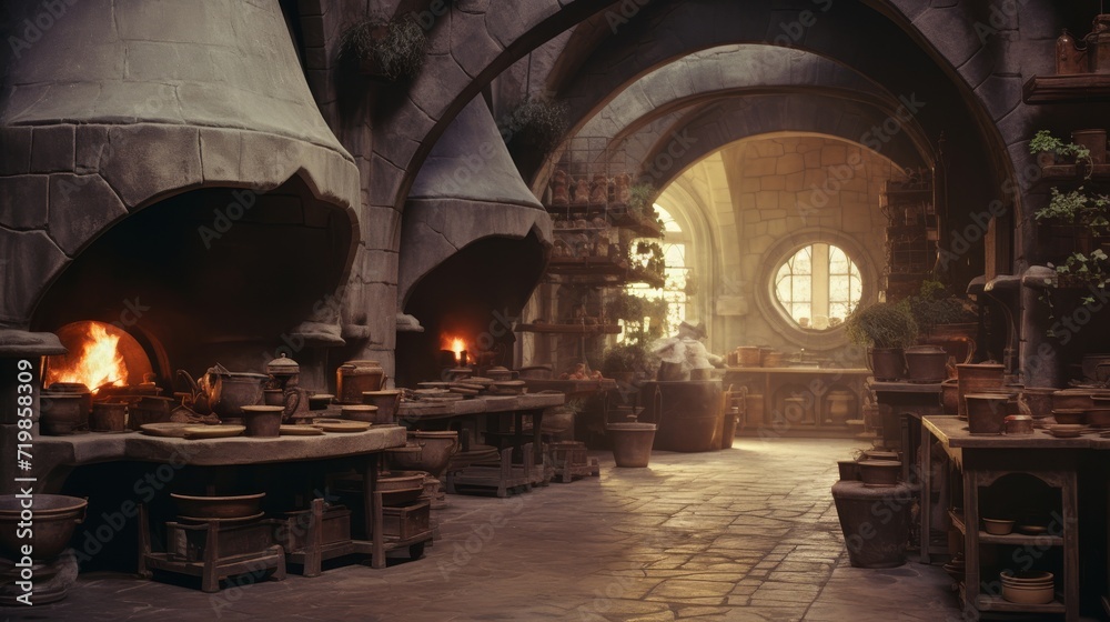 a medieval lavish indoor high-elven kitchen with multiple clay ovens