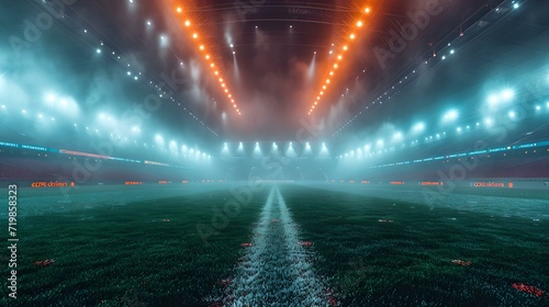 Illuminated stadium at night with vibrant lights and empty field. scene of a modern sports arena. dramatic and atmospheric sports event background. AI © Irina Ukrainets