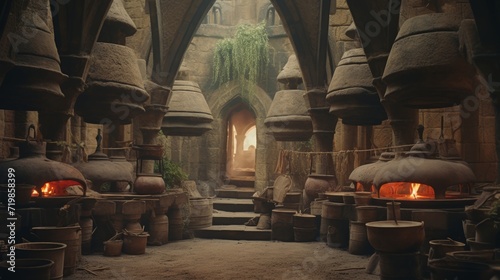 a medieval lavish indoor high-elven kitchen with multiple clay ovens