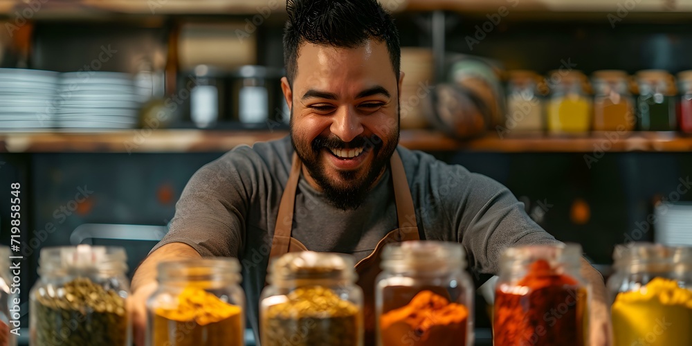 Joyful male chef in apron smiling behind colorful spices in jars. casual, lifestyle culinary image perfect for food content. AI