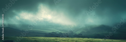 Misty Valley at Dawn with Birds in Flight and Rays of Light