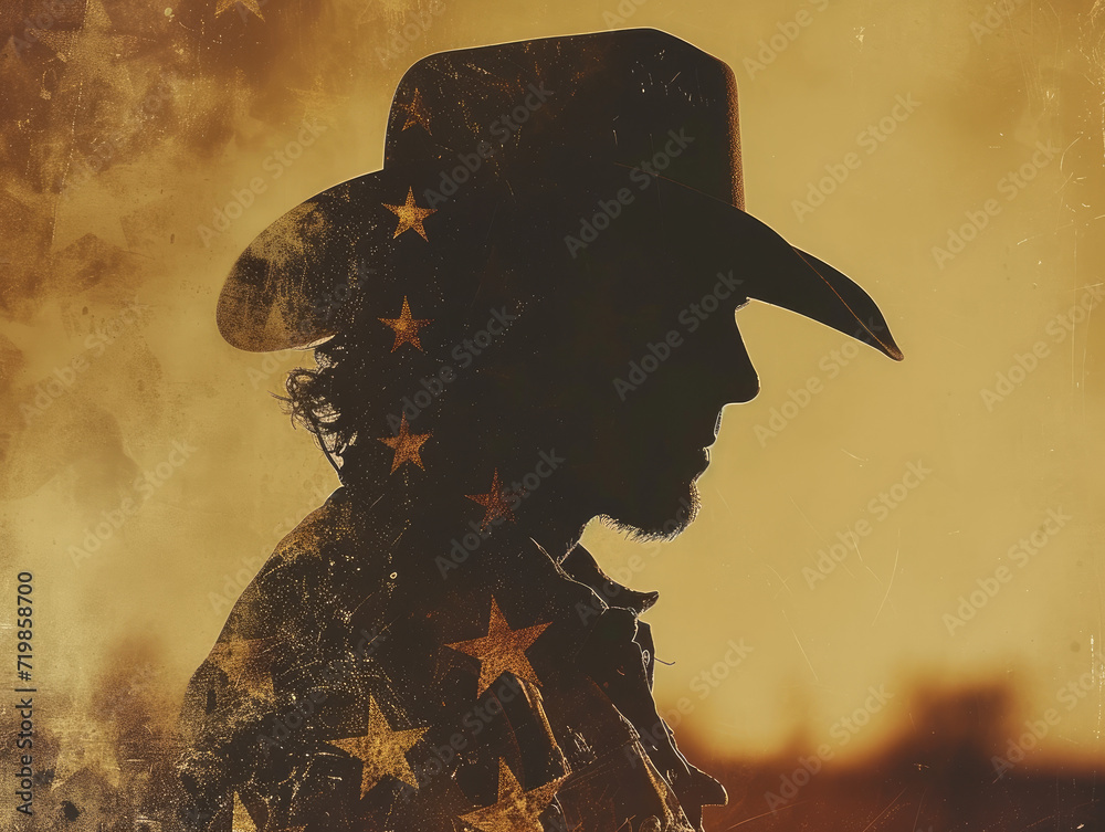 
Employing double exposure, the silhouette of a cowboy merges with the American flag, intertwining rugged individualism with national identity in a ghostly fusion.