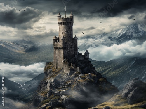 a tall, old, medieval stone tower built on top of a high mountain peak, in a storm