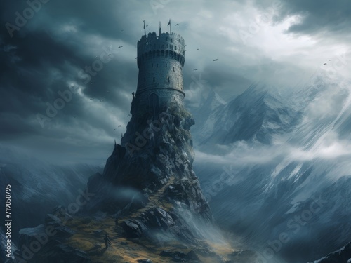 a tall, old, medieval stone tower built on top of a high mountain peak, in a storm