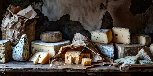 Artisan cheese assortment on rustic wooden table. culinary gourmet cheese still life. delight for connoisseurs. AI