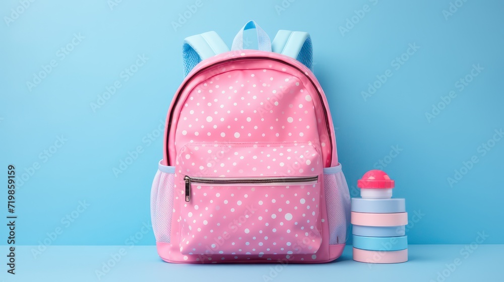 Set up of a cute elementary school child's backpack, with study equipment books and pencils, on a blue background. Set up of a cute elementary school child's backpack, with study equipment books and pencils, on a blue background.