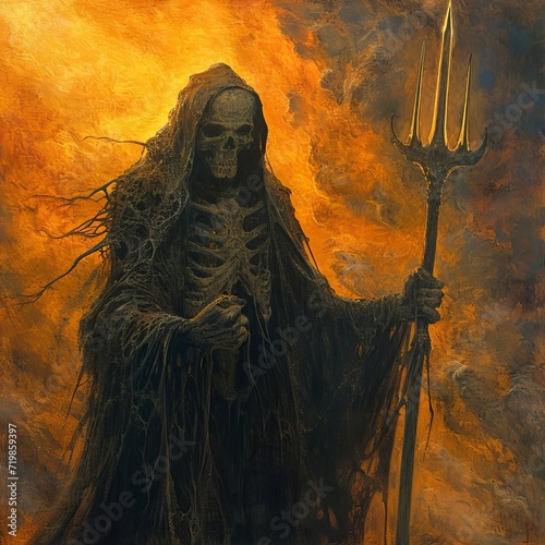 An armored dark skull lord holding a trident Illustration photo