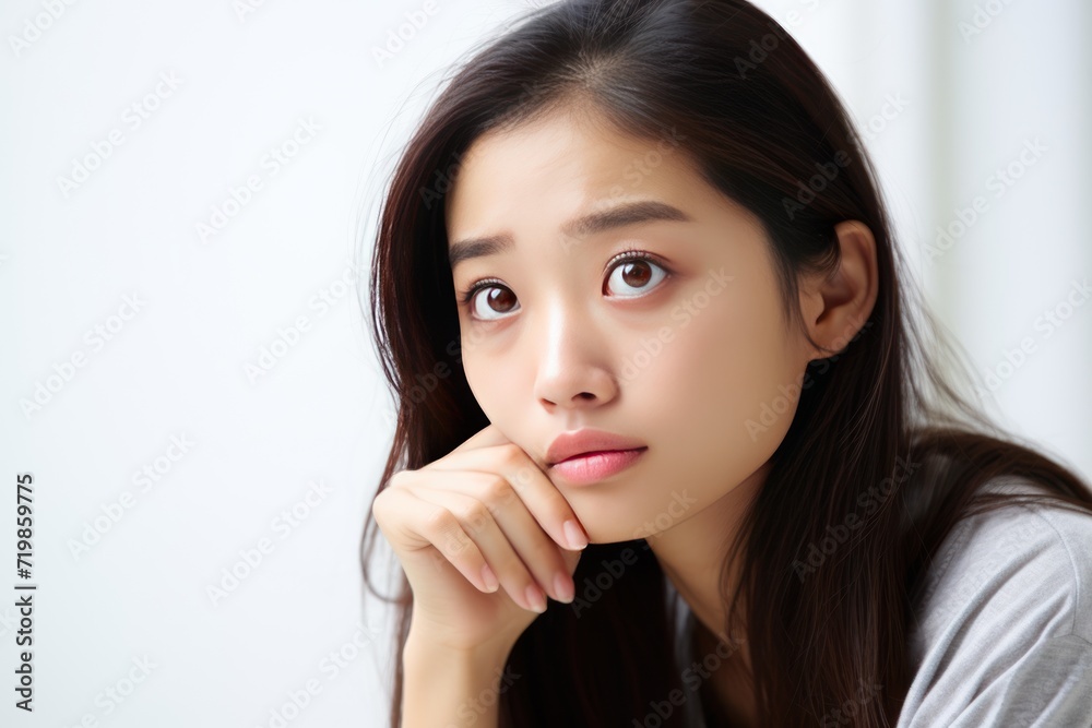 Close up portrait of asian woman thinking, looking aside Close up portrait of asian woman thinking, looking aside