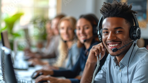 Multiethnic office team with headsets smiling as they work on computers, providing customer service and telemarketing support, selective focus  photo