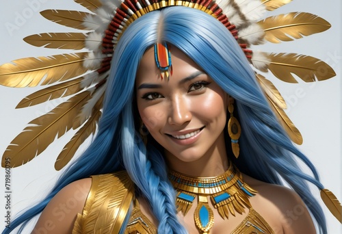 Beautiful asian woman with blue hair and indian headdress