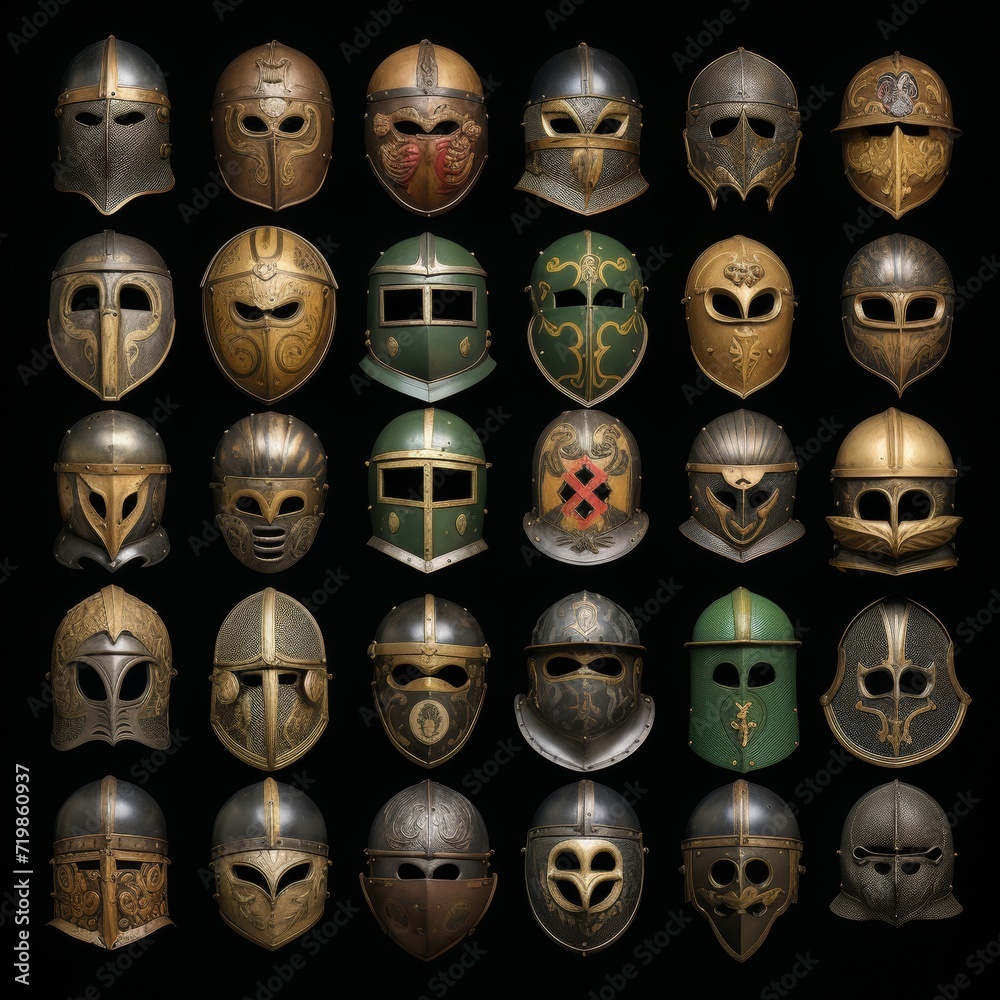 collection of medieval guard heads set