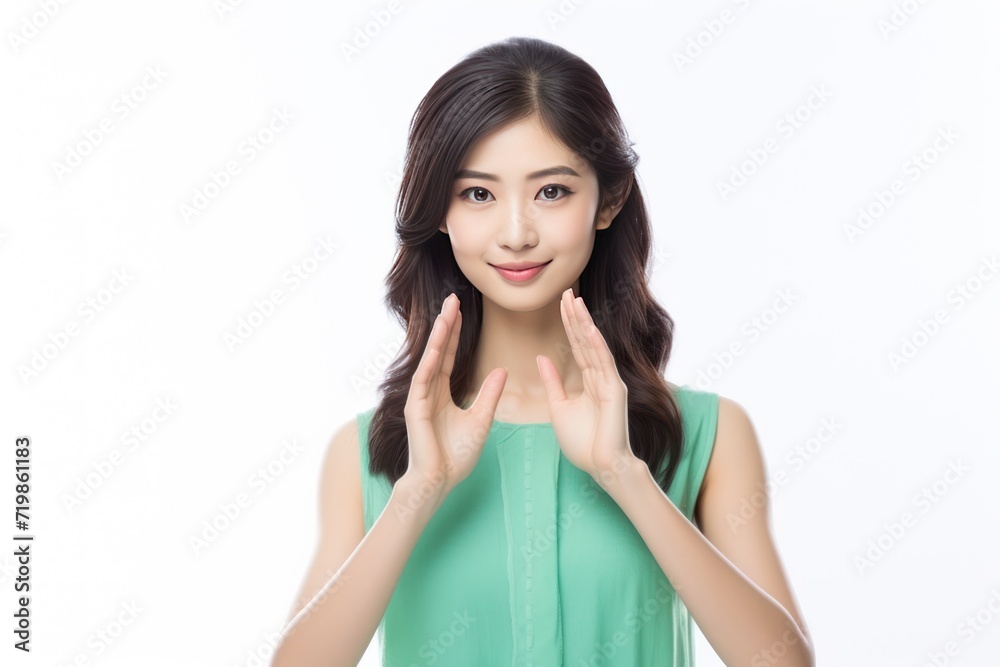 confident asian woman showing thumb up, isolated on white background confident asian woman showing thumb up, isolated on white background
