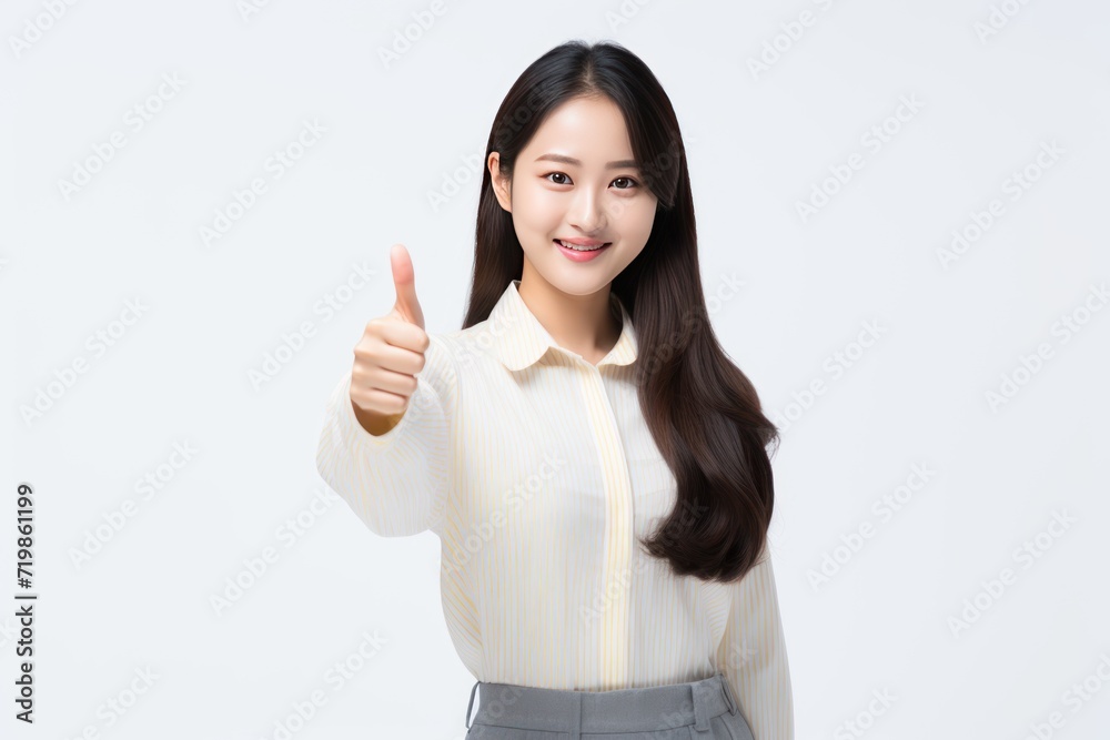 confident asian woman showing thumb up, isolated on white background 