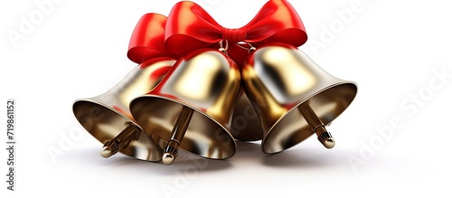 Gold Bells With Red Ribbon Bow Isolated on White Background.