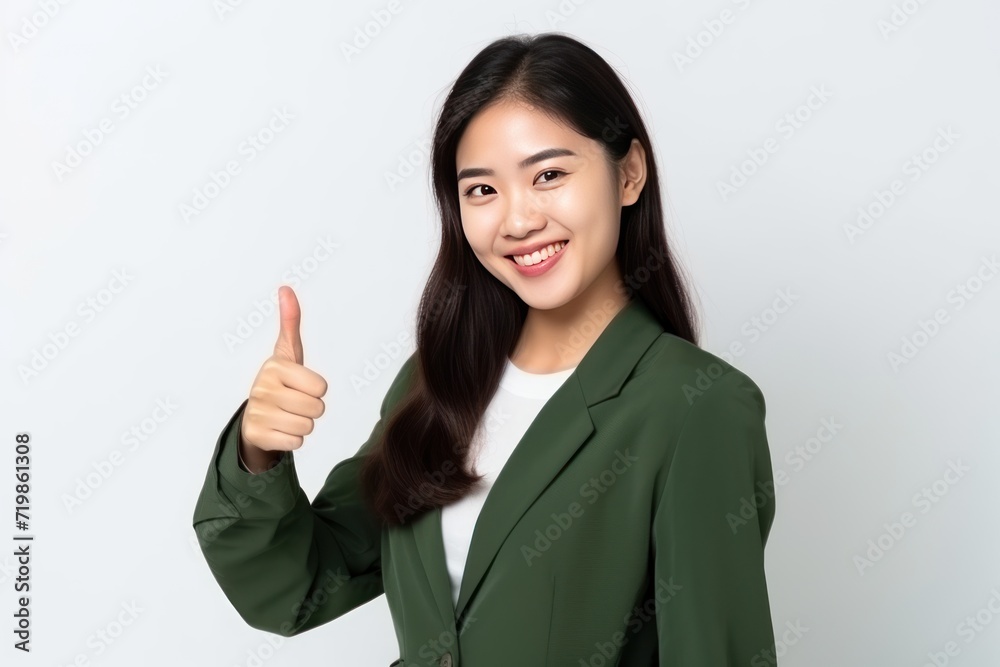 confident asian woman showing thumb up, isolated on white background 