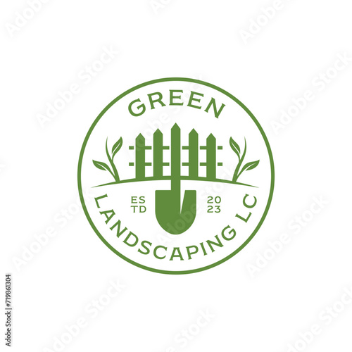 shovel and landscaping yard fence with simple garden plants. Combination logo design