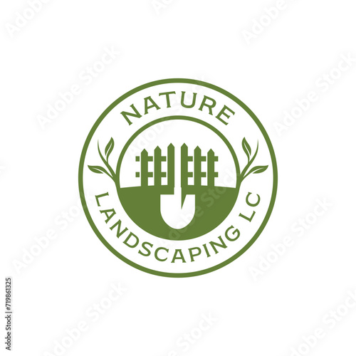 shovel and land fence for yard landscaping simple logo design
