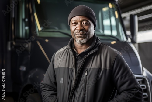 Confident black truck driver looking at camera.  © CStock