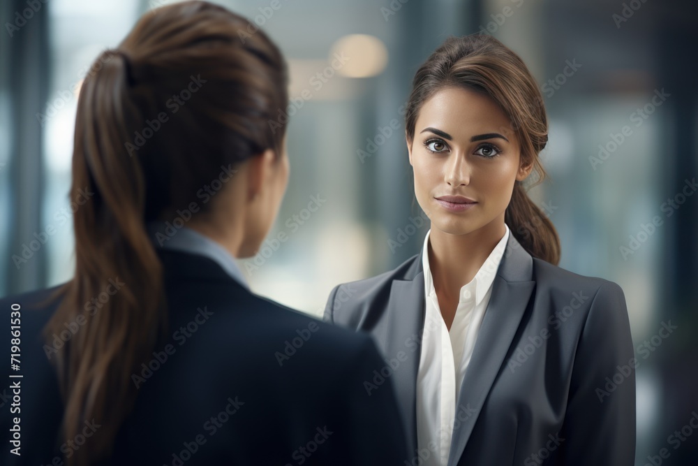 Confident businesswoman looking at female colleague. Confident businesswoman looking at female colleague.