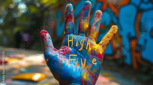Close shot of colorful hand with High five written on it, Generative AI.
