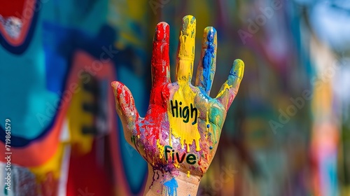 Close shot of colorful hand with High five written on it  Generative AI.