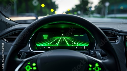 The camera zooms in on the steering wheel of a car showing the Adaptive Cruise Control on illuminated with a green light indicating that the safety system is active. photo